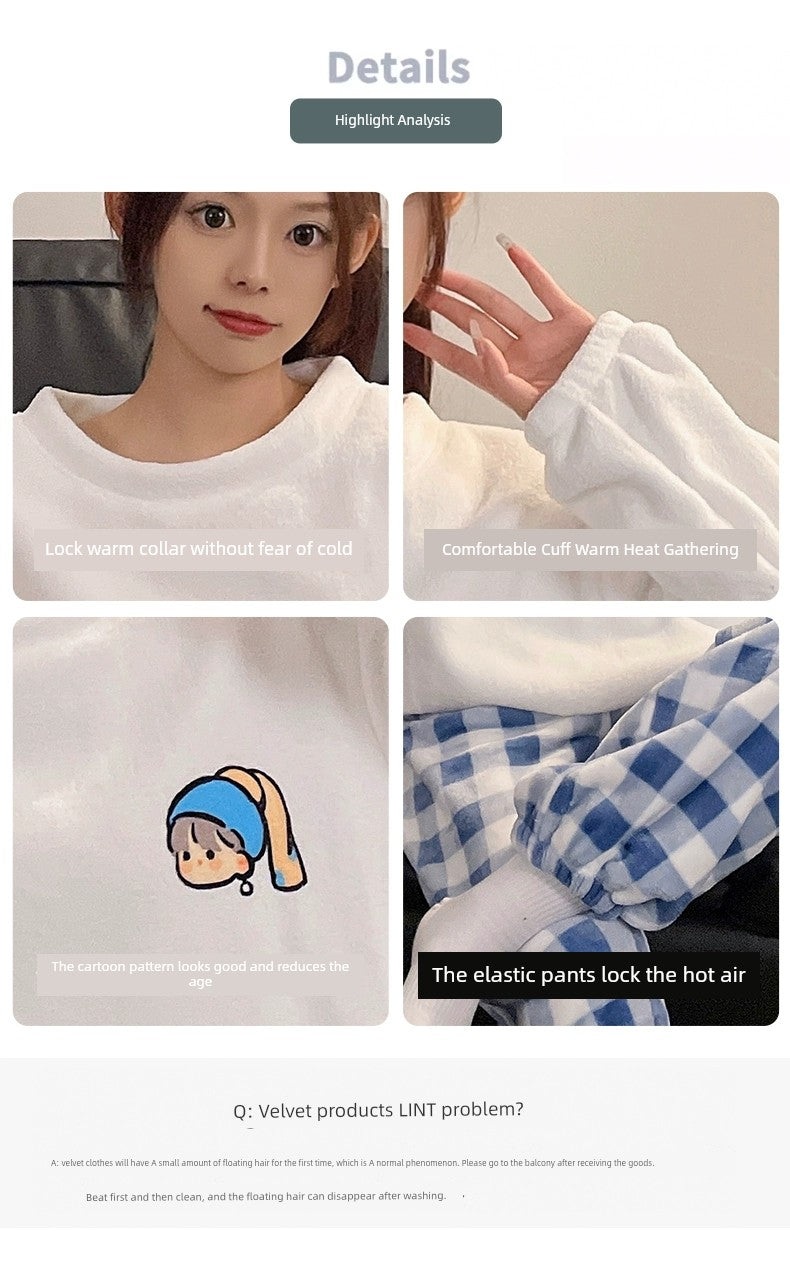 Women's Coral Fleece Cute Cartoon Gingham Couple Pajamas