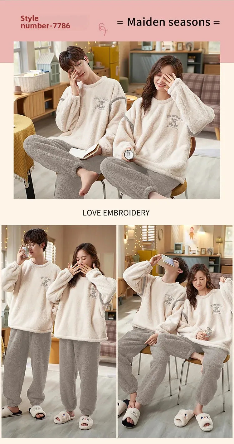Couple's Flannel Pajamas Round Neck Long Sleeve Korean Style Homewear Pullover Thickened Autumn Winter Warm Round Neck Pajamas