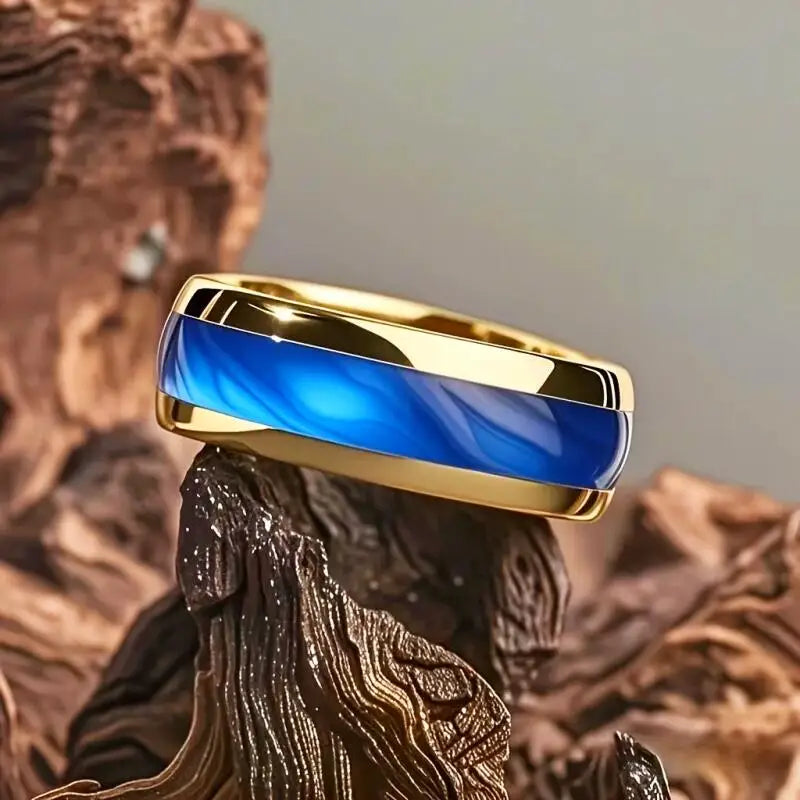 Men's Fashion Titanium Wedding Ring, 8mm Stainless Steel Style Ring, Turquoise Pattern Valentine's Day Jewelry Daily Elegance