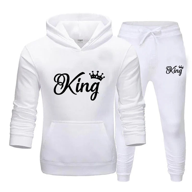 Fashion KING and QUEEN Printed Hooded Suits Autumn Winter Couple Hoodie + Pants 2-piece Suit