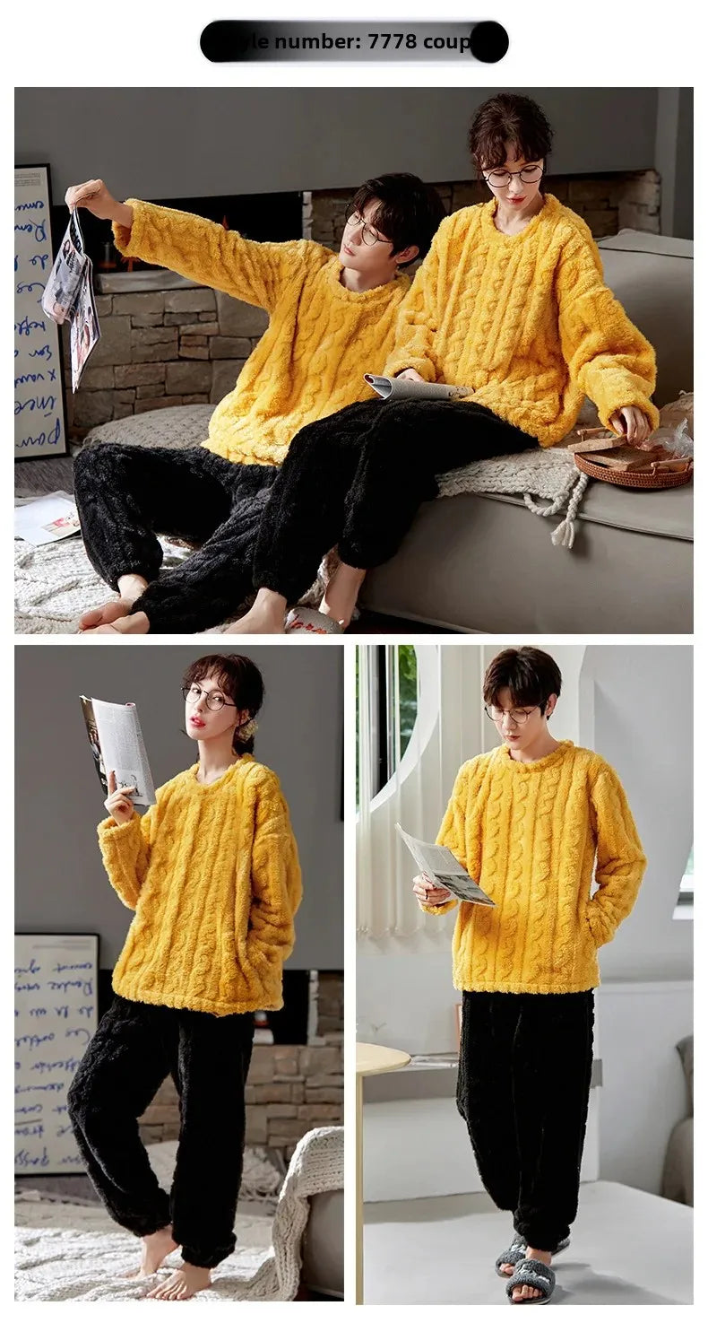 Couple's Flannel Pajamas Round Neck Long Sleeve Korean Style Homewear Pullover Thickened Autumn Winter Warm Round Neck Pajamas
