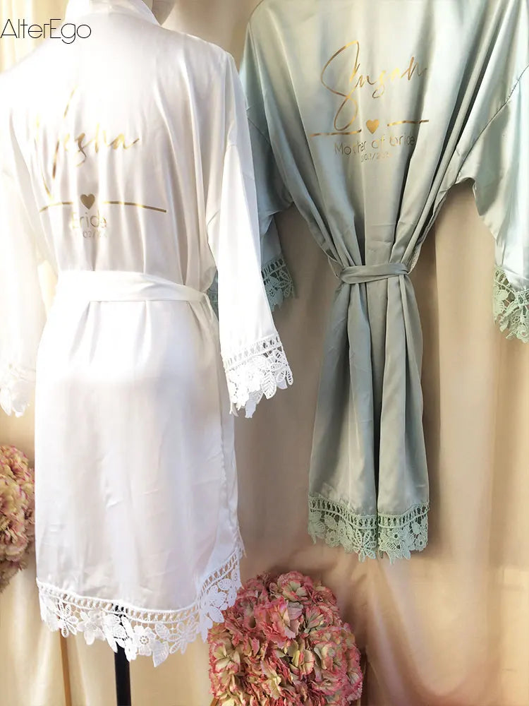 Silky Gowns Bride Tribe Wedding Morning Robes Hen Party Beautiful Lace Detail to Cuffs and Hem Robes Ladies Dressing Gown Kimono