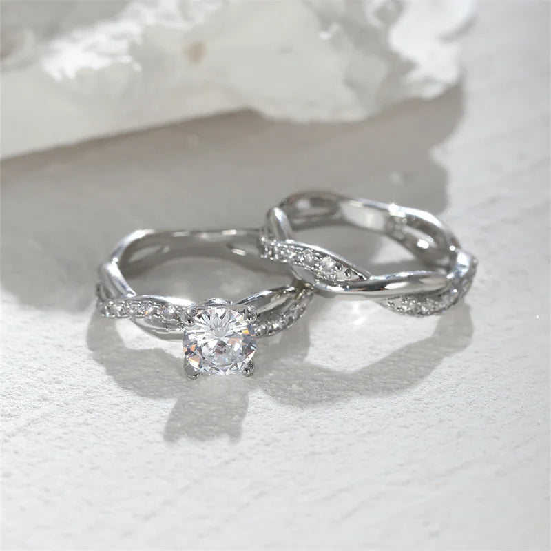 Female Round Zircon Bridal Sets Silver Gold Color White Crystal Stone Crossed Wedding Bands Promise Engagement Rings For Women