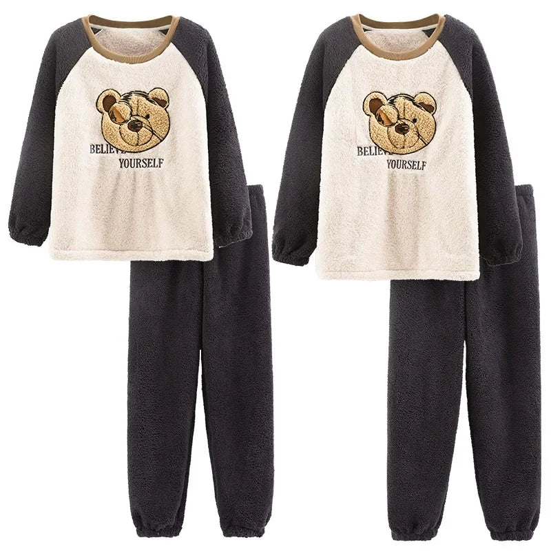 Couple's Flannel Pajamas Round Neck Long Sleeve Korean Style Homewear Pullover Thickened Autumn Winter Warm Round Neck Pajamas