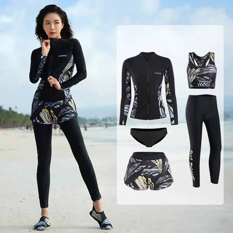 Women Men's 3-5 Piece Rash Guard with Boy Shorts Long Sleeve Zipper Swimsuit Bathing Suit Wetsuit Beachwear Tankini Tracksuit