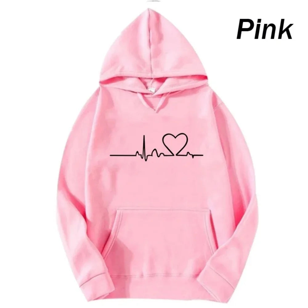 New Women Casual Hoodies Autumn/Winter Heartbeat Print Men Loose Hoodies Couple Sweatshirts Ladies Hooded Tops Streetwear
