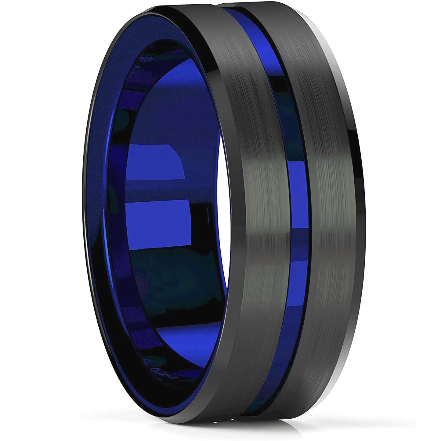 Fashion 8mm Black Tungsten Wedding Ring For Men Thin Blue Line Groove Black Brushed Ladder Edge Ring Men's Wedding Band Jewelry