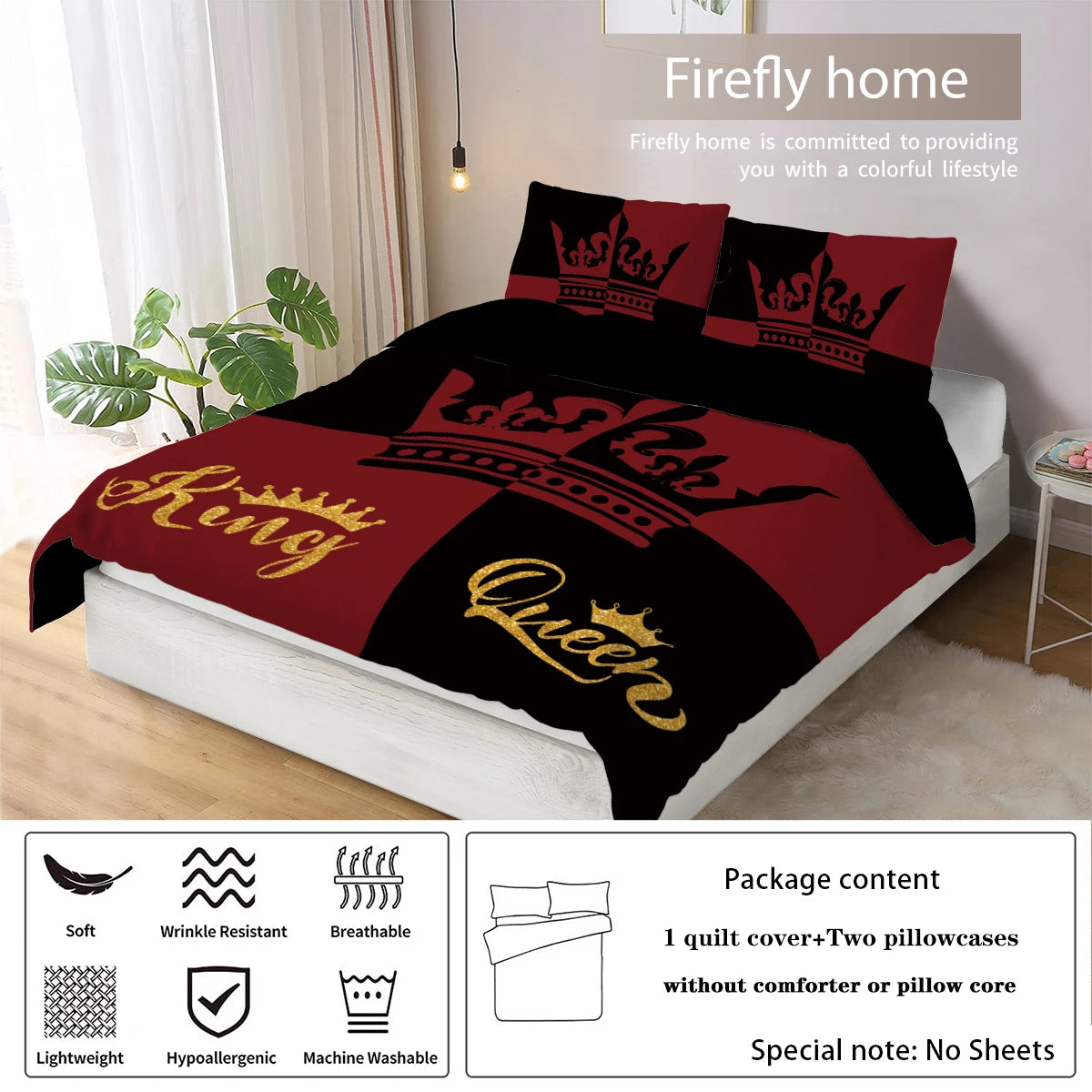 3-piece down duvet cover set with black and red color matching heart print (1 duvet cover+2 pillowcases, no core) couple bedding