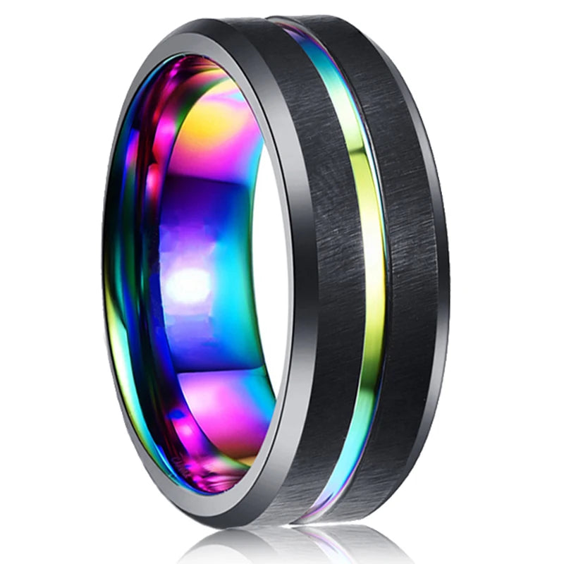 Fashion 8mm Black Tungsten Wedding Ring For Men Thin Blue Line Groove Black Brushed Ladder Edge Ring Men's Wedding Band Jewelry