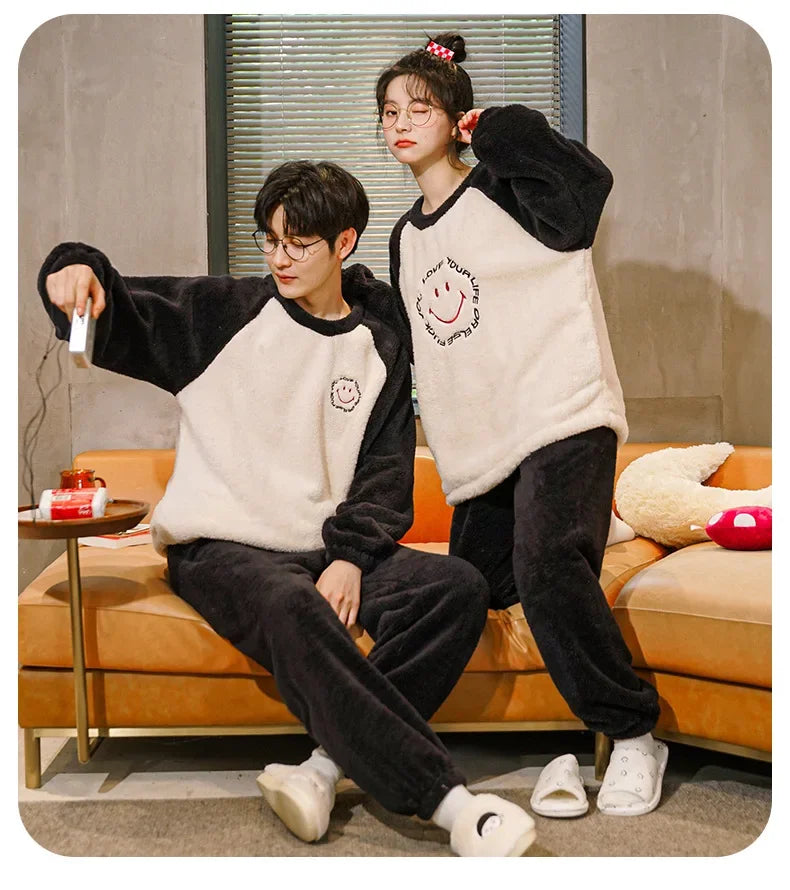 Couple's Flannel Pajamas Round Neck Long Sleeve Korean Style Homewear Pullover Thickened Autumn Winter Warm Round Neck Pajamas