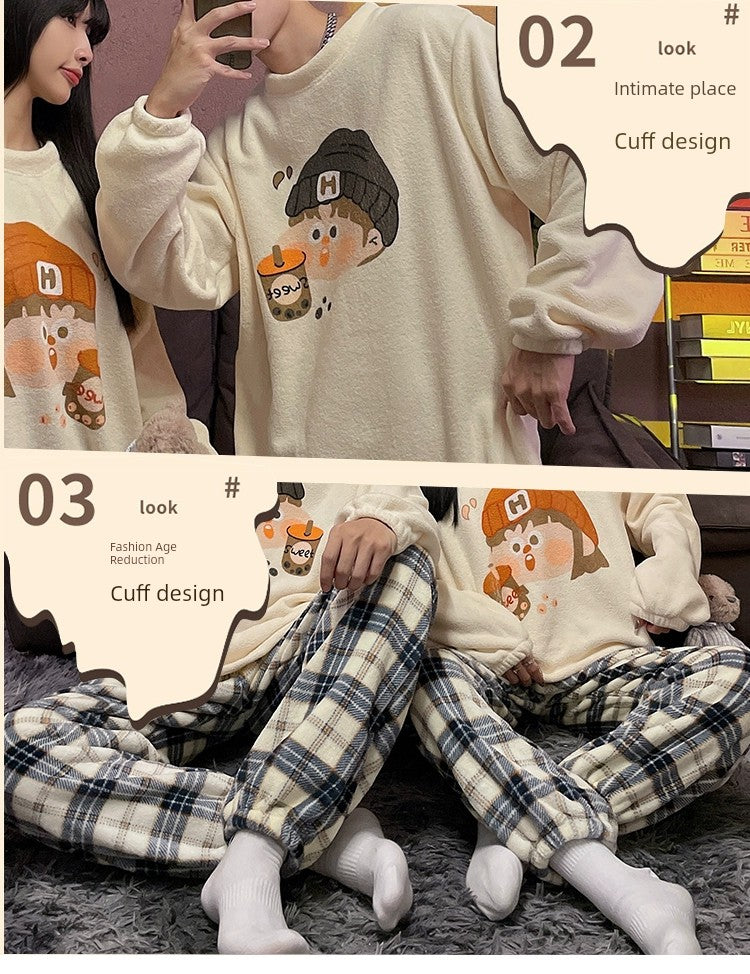 Autumn and Winter Coral Fleece Couple Pajamas Women's Flannel Cartoon Cute Women's Suit Winter Men's Home Wear