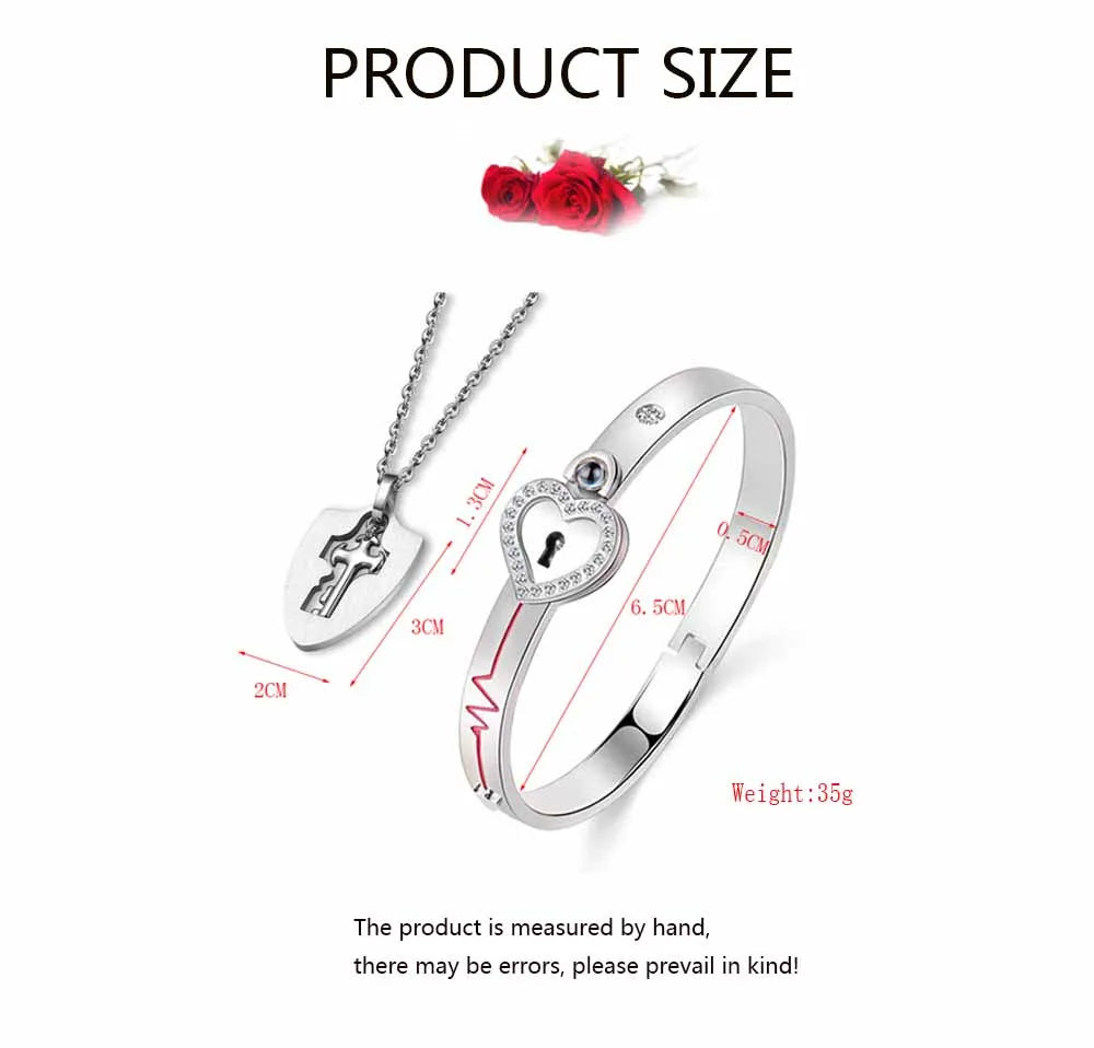 Stainless Steel Couple Bracelet Love Heart Lock Bracelets Bangle Key Pendant Necklace For Women Men Valentine's Day Jewelry Gift