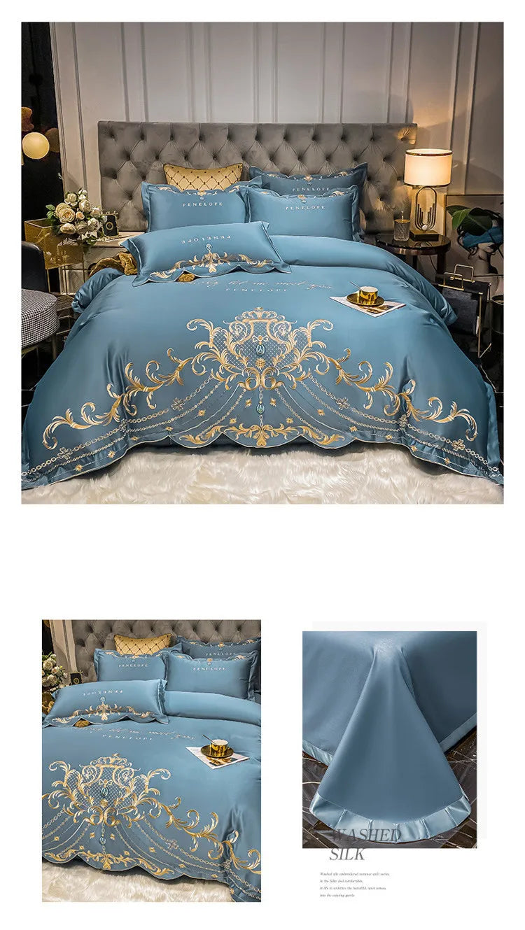 Luxury Embroidery Bedding Set Satin Double Duvet Cover Pillowcase Bed Linens Home Textile Bed Quilt Cover Wedding Bedding Set 이불