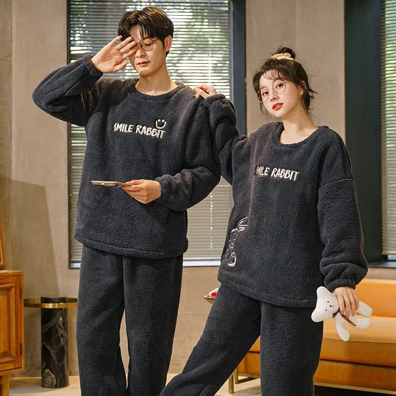 Couple's Flannel Pajamas Round Neck Long Sleeve Korean Style Homewear Pullover Thickened Autumn Winter Warm Round Neck Pajamas