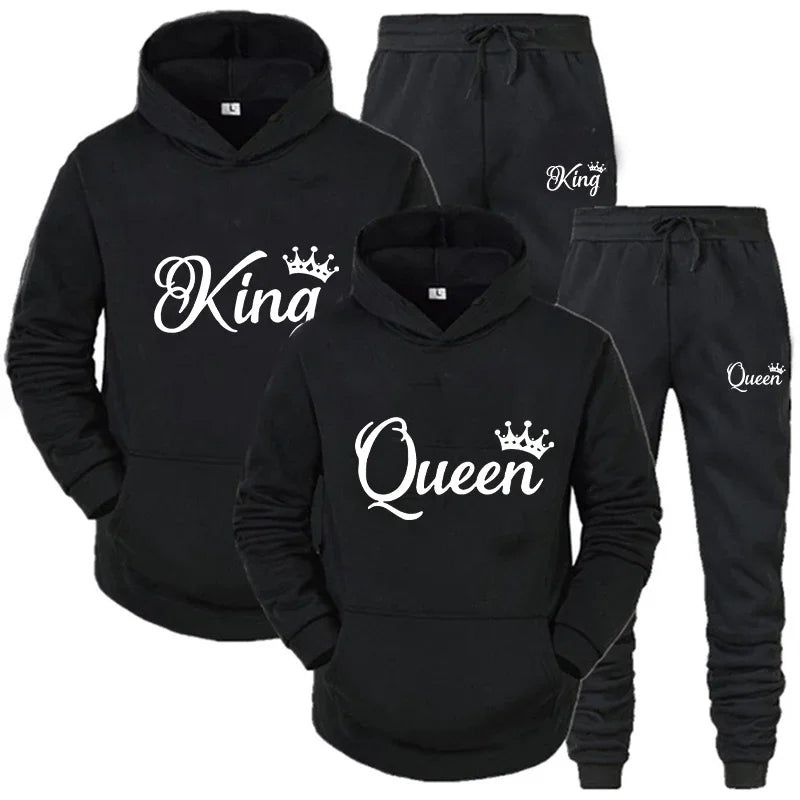 Fashion KING and QUEEN Printed Hooded Suits Autumn Winter Couple Hoodie + Pants 2-piece Suit