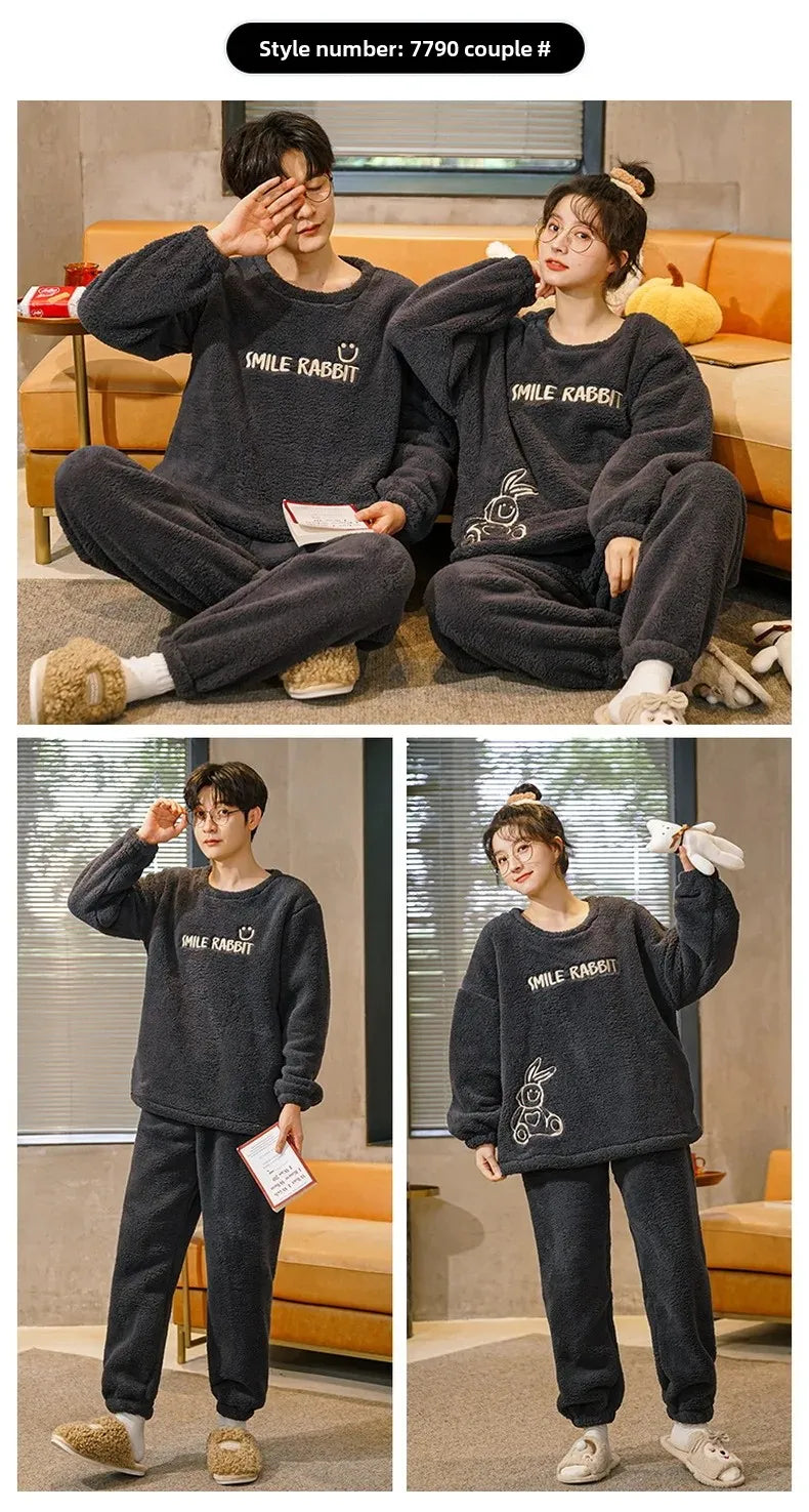 Couple's Flannel Pajamas Round Neck Long Sleeve Korean Style Homewear Pullover Thickened Autumn Winter Warm Round Neck Pajamas