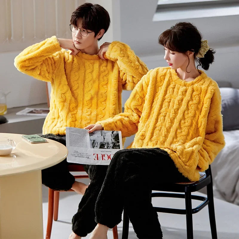 Couple's Flannel Pajamas Round Neck Long Sleeve Korean Style Homewear Pullover Thickened Autumn Winter Warm Round Neck Pajamas