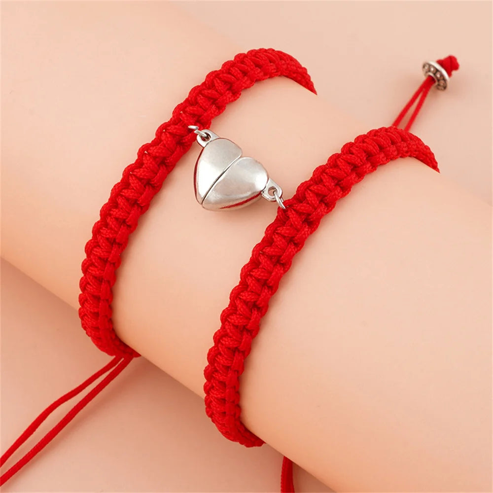 2pcs Hand-Woven Couple Bracelet Magnetic Heart Shape Braid Rope Bracelet Men'S and Women'S Gift for Anniversary Wrist Chain