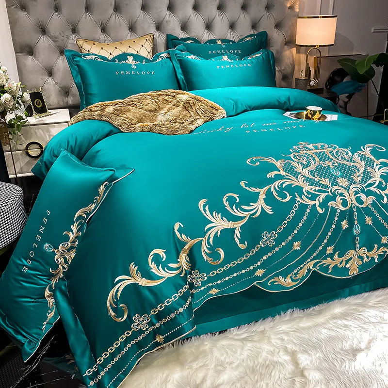 Luxury Embroidery Bedding Set Satin Double Duvet Cover Pillowcase Bed Linens Home Textile Bed Quilt Cover Wedding Bedding Set 이불
