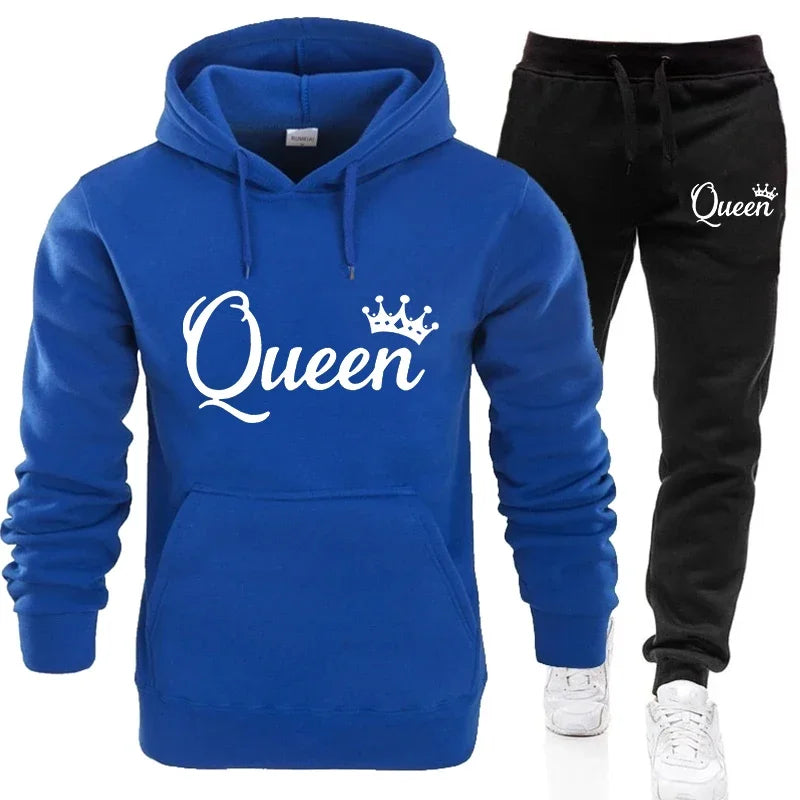 Fashion KING and QUEEN Printed Hooded Suits Autumn Winter Couple Hoodie + Pants 2-piece Suit