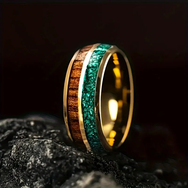 Men's Fashion Titanium Wedding Ring, 8mm Stainless Steel Style Ring, Turquoise Pattern Valentine's Day Jewelry Daily Elegance