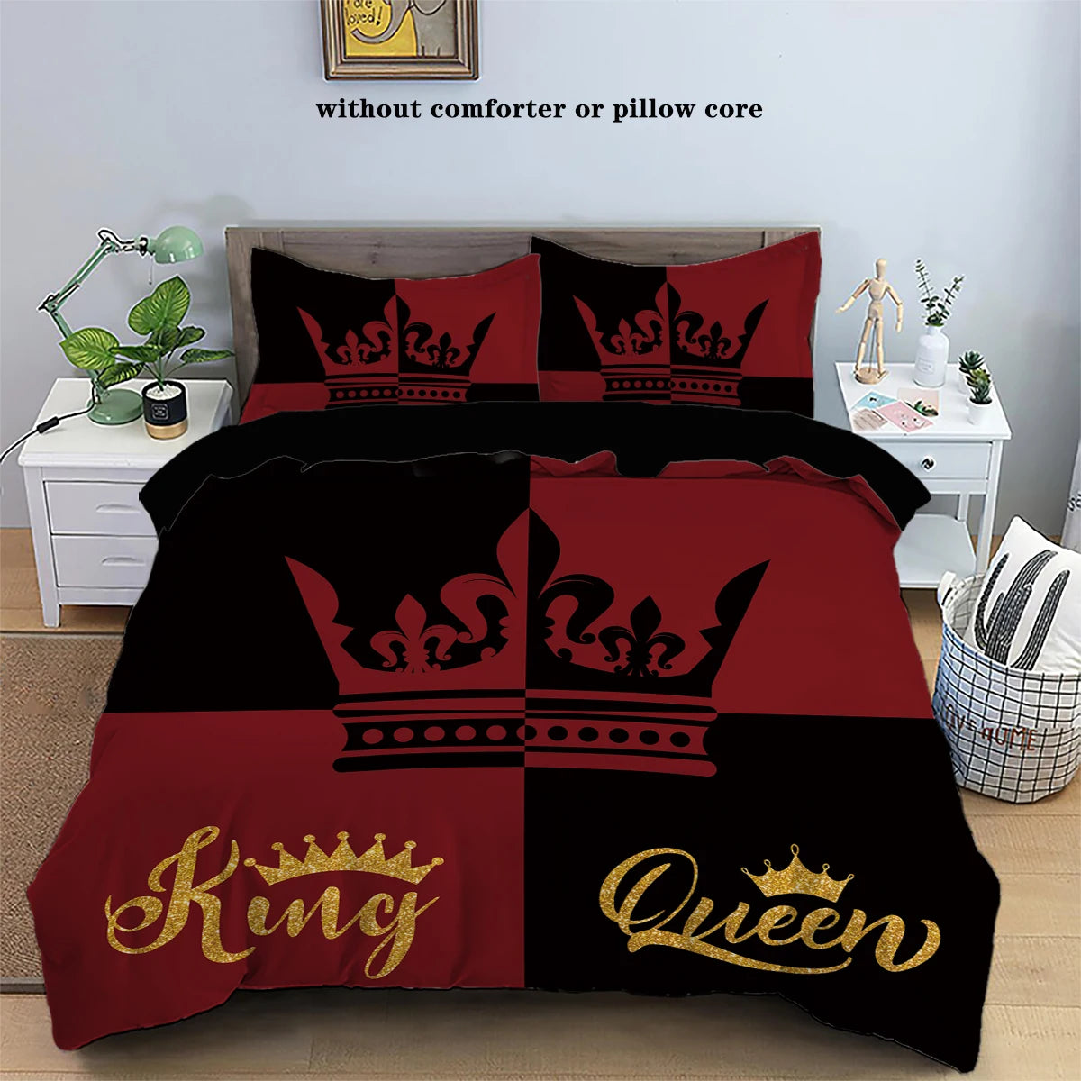 3-piece down duvet cover set with black and red color matching heart print (1 duvet cover+2 pillowcases, no core) couple bedding