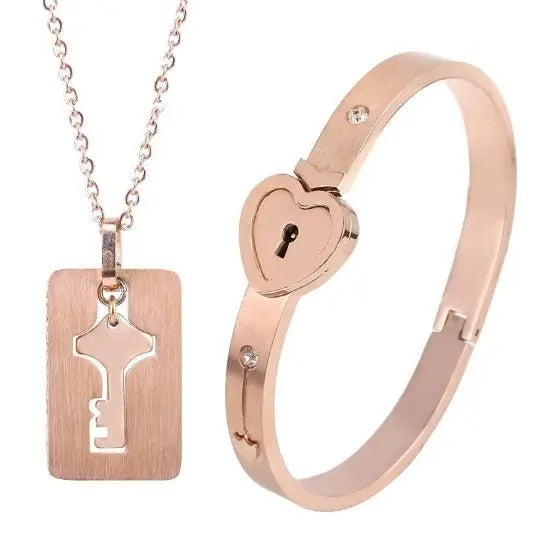 Stainless Steel Couple Bracelet Love Heart Lock Bracelets Bangle Key Pendant Necklace For Women Men Valentine's Day Jewelry Gift