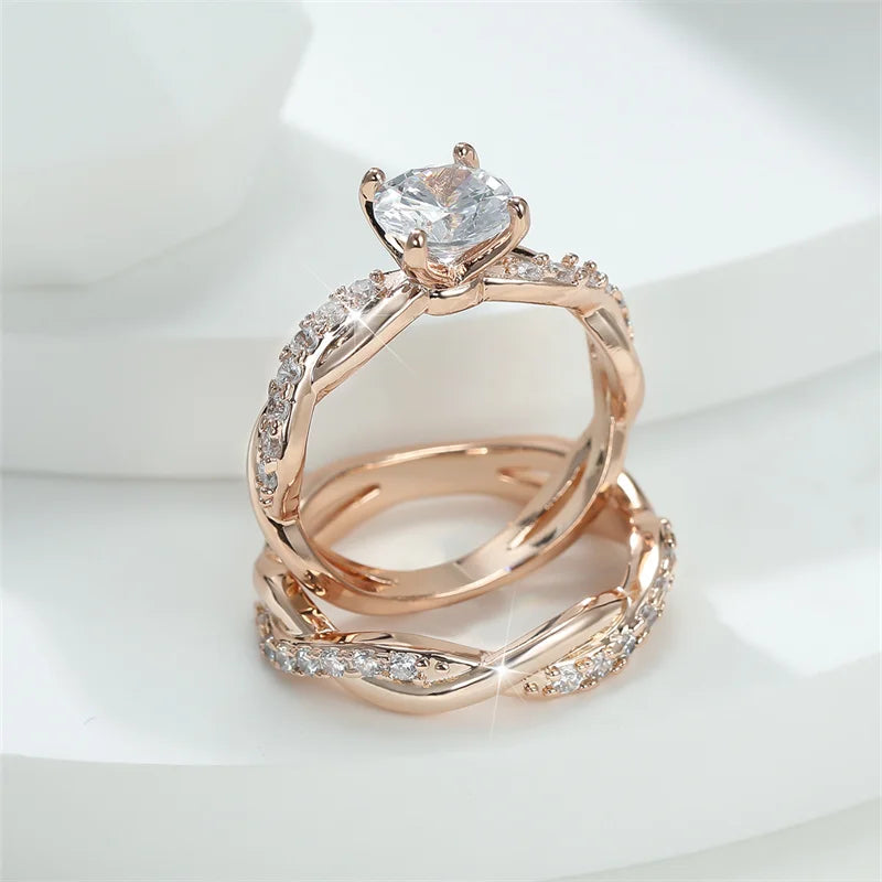 Female Round Zircon Bridal Sets Silver Gold Color White Crystal Stone Crossed Wedding Bands Promise Engagement Rings For Women