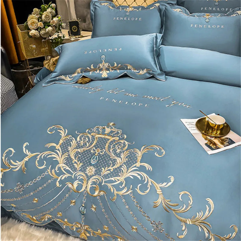 Luxury Embroidery Bedding Set Satin Double Duvet Cover Pillowcase Bed Linens Home Textile Bed Quilt Cover Wedding Bedding Set 이불