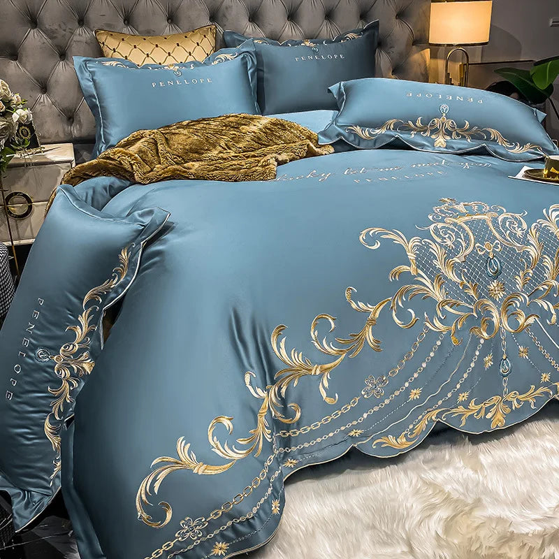 Luxury Embroidery Bedding Set Satin Double Duvet Cover Pillowcase Bed Linens Home Textile Bed Quilt Cover Wedding Bedding Set 이불