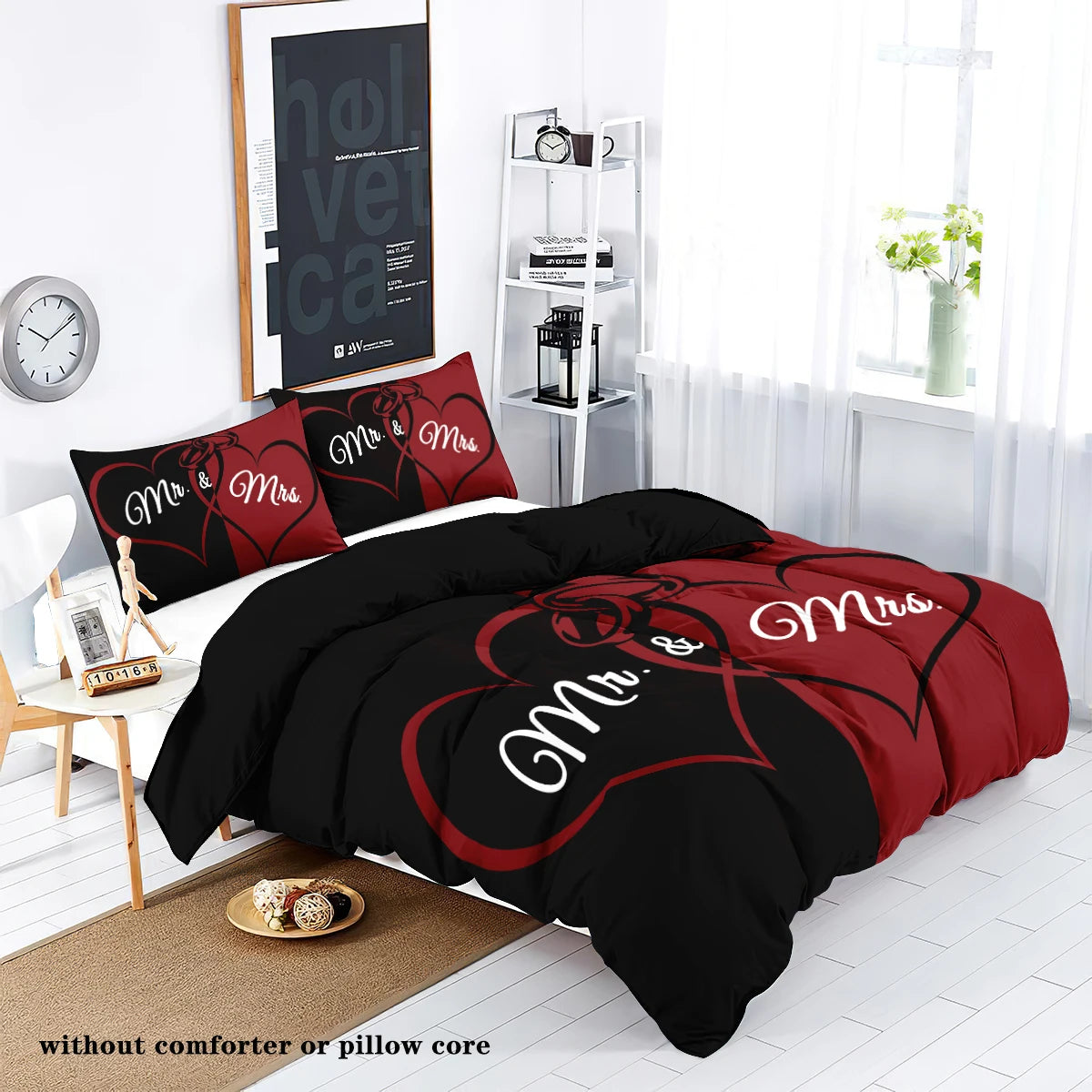 3-piece down duvet cover set with black and red color matching heart print (1 duvet cover+2 pillowcases, no core) couple bedding