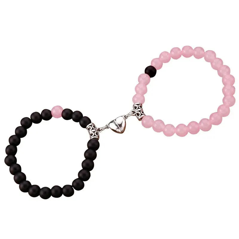 1Pair Hot Sale Love Peach Heart Magnet Bracelets For Couple Lovers Romantic Simple Frosted Stone Pink Crystal Jewelry Handwear