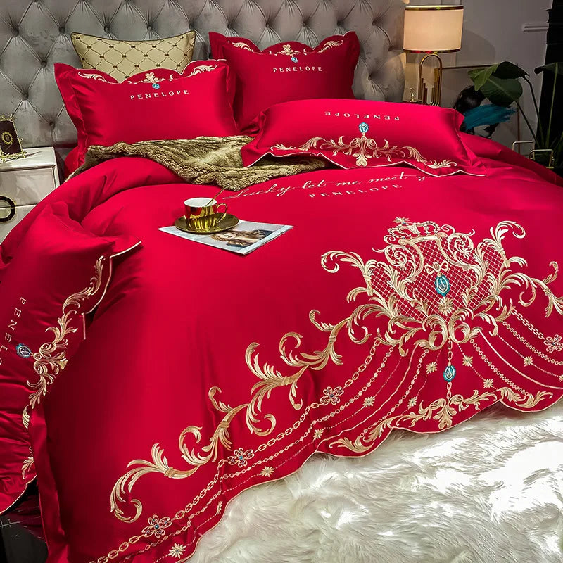 Luxury Embroidery Bedding Set Satin Double Duvet Cover Pillowcase Bed Linens Home Textile Bed Quilt Cover Wedding Bedding Set 이불
