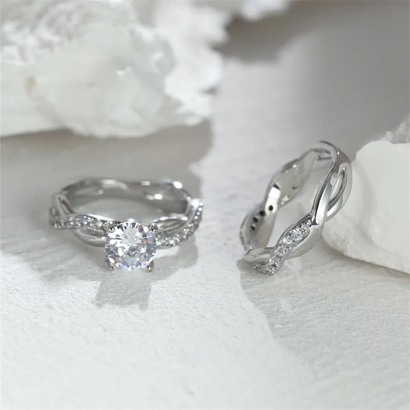 Female Round Zircon Bridal Sets Silver Gold Color White Crystal Stone Crossed Wedding Bands Promise Engagement Rings For Women