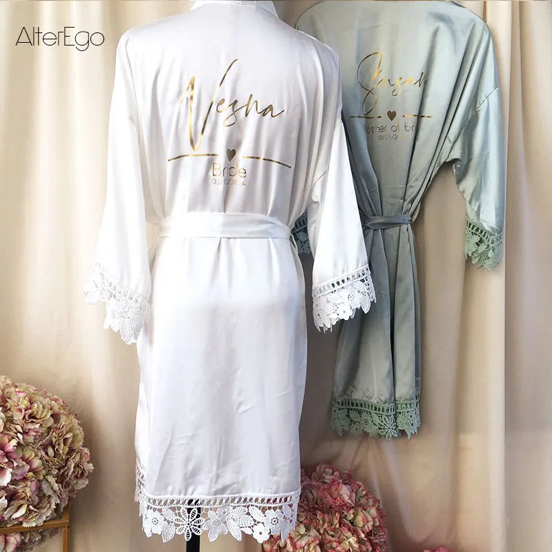 Silky Gowns Bride Tribe Wedding Morning Robes Hen Party Beautiful Lace Detail to Cuffs and Hem Robes Ladies Dressing Gown Kimono
