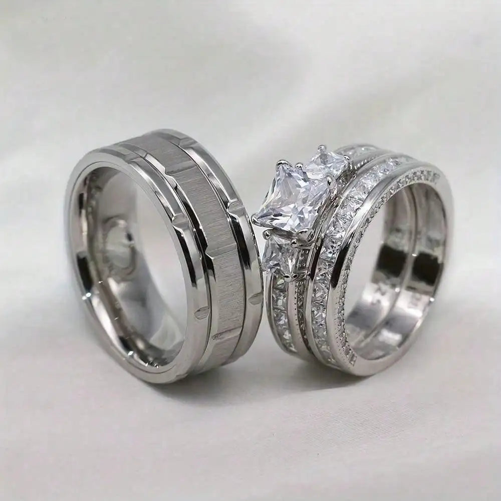 Fashion Silver Color Couple Rings for Lover's Trendy Stainless Steel Men Rings Cute Women Rhinestones Zircon Rings Set