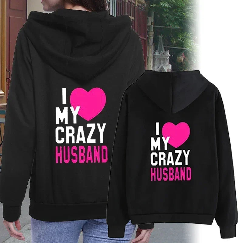 Women Men Lovers Sweatshirt Lovers Couples I LOVE MY CRAZY HUSBAND I LOVE MY CRAZY WIFE Couple Hoodies Chritsmas