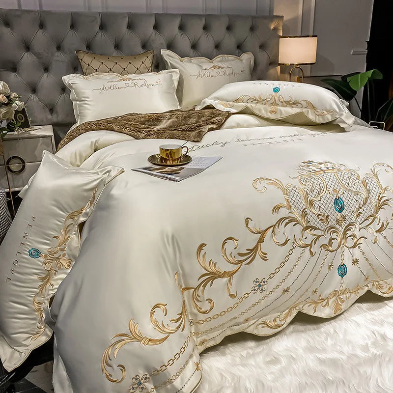 Luxury Embroidery Bedding Set Satin Double Duvet Cover Pillowcase Bed Linens Home Textile Bed Quilt Cover Wedding Bedding Set 이불