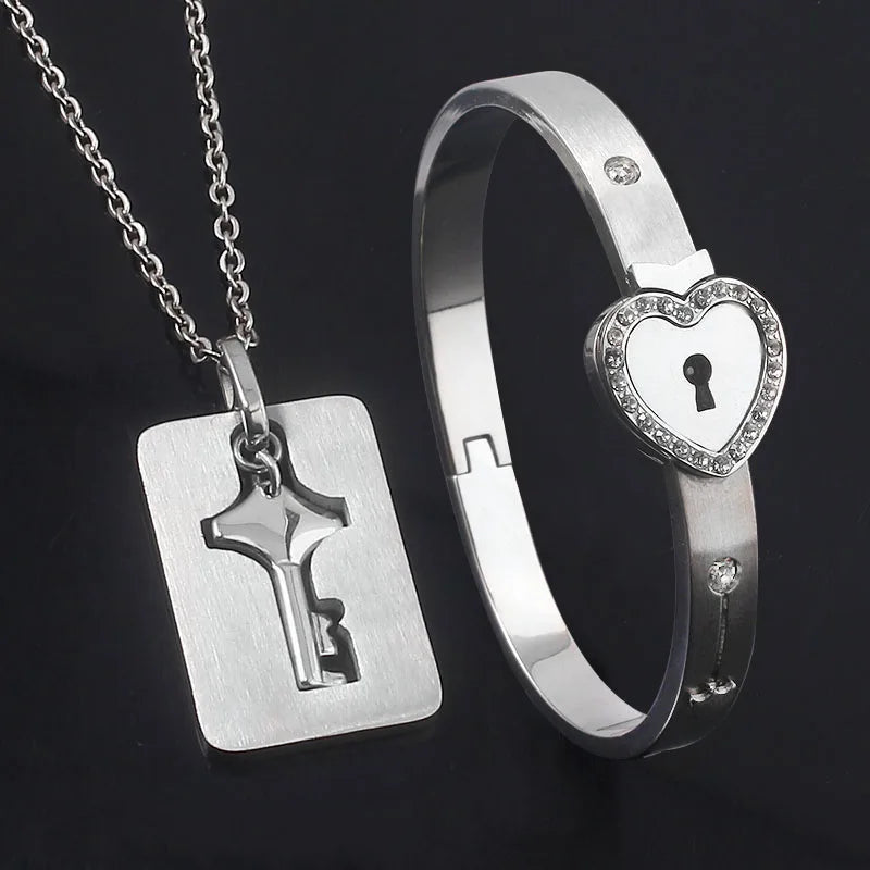 Stainless Steel Couple Bracelet Love Heart Lock Bracelets Bangle Key Pendant Necklace For Women Men Valentine's Day Jewelry Gift