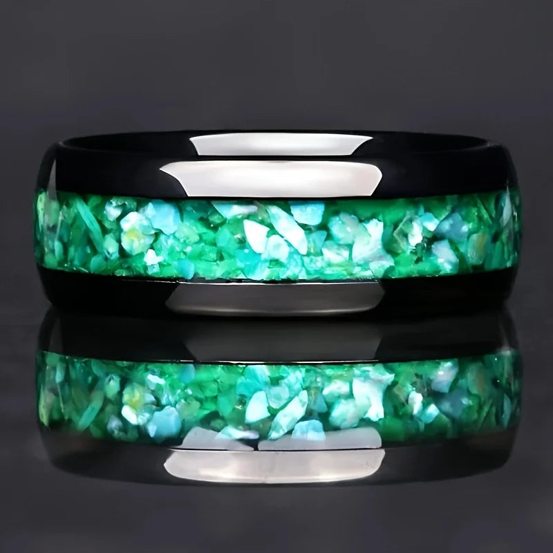 Men's Fashion Titanium Wedding Ring, 8mm Stainless Steel Style Ring, Turquoise Pattern Valentine's Day Jewelry Daily Elegance