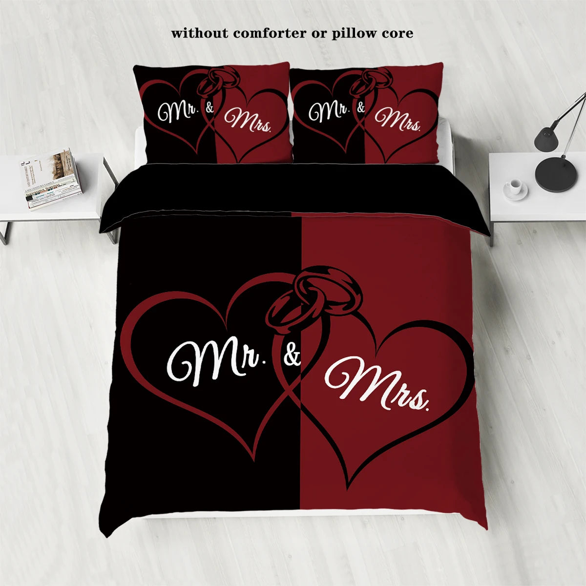3-piece down duvet cover set with black and red color matching heart print (1 duvet cover+2 pillowcases, no core) couple bedding