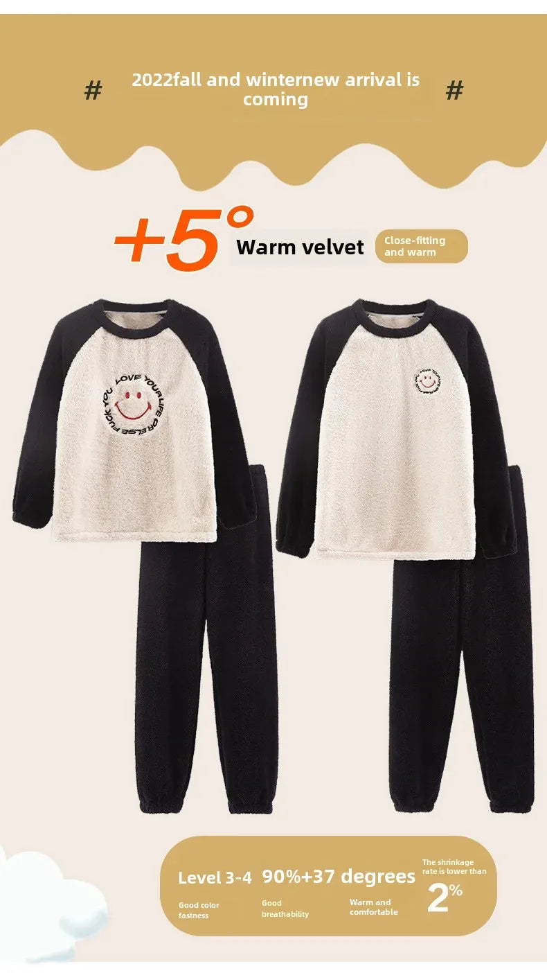 Couple's Flannel Pajamas Round Neck Long Sleeve Korean Style Homewear Pullover Thickened Autumn Winter Warm Round Neck Pajamas