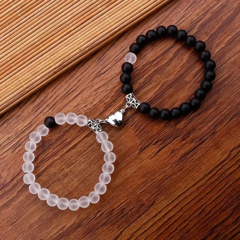 1Pair Hot Sale Love Peach Heart Magnet Bracelets For Couple Lovers Romantic Simple Frosted Stone Pink Crystal Jewelry Handwear