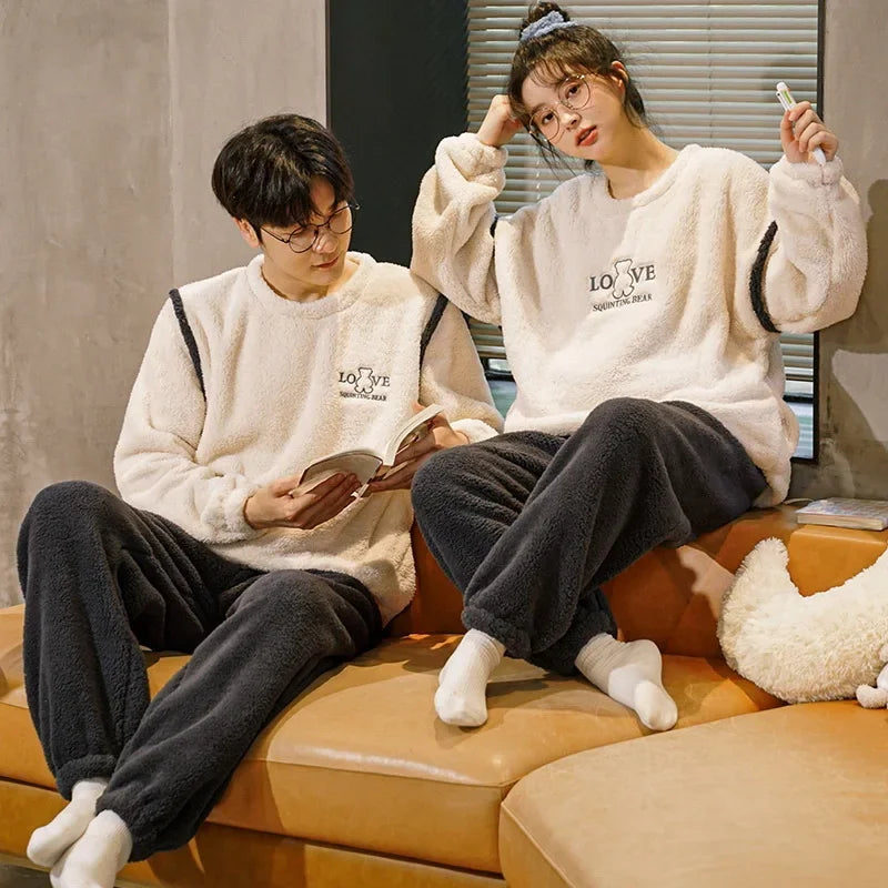 Couple's Flannel Pajamas Round Neck Long Sleeve Korean Style Homewear Pullover Thickened Autumn Winter Warm Round Neck Pajamas