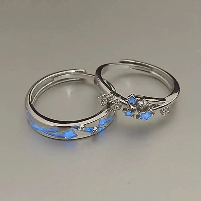 2Pc Luminous Star Adjustable Finger Ring Vintage Luxury Love Couples Rings Glow In Dark Y2K Jewelry Valentine's Day Gift