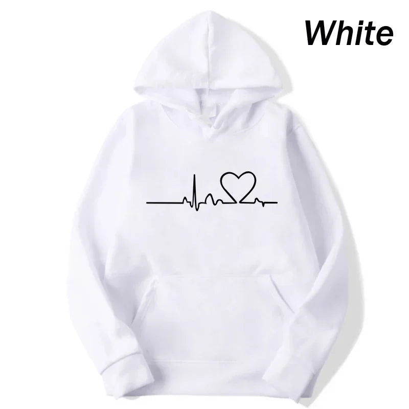New Women Casual Hoodies Autumn/Winter Heartbeat Print Men Loose Hoodies Couple Sweatshirts Ladies Hooded Tops Streetwear