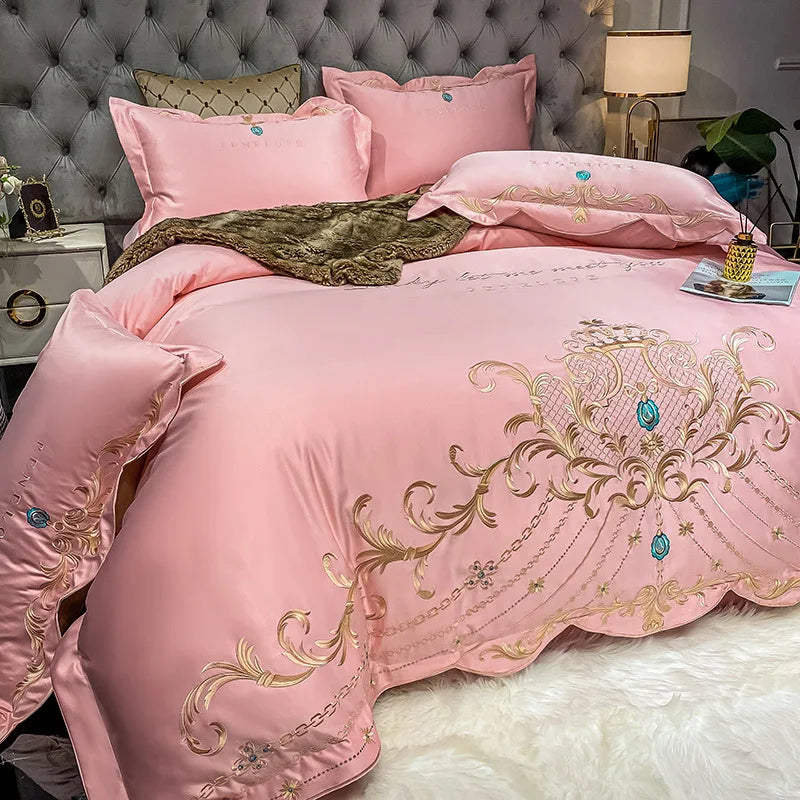 Luxury Embroidery Bedding Set Satin Double Duvet Cover Pillowcase Bed Linens Home Textile Bed Quilt Cover Wedding Bedding Set 이불