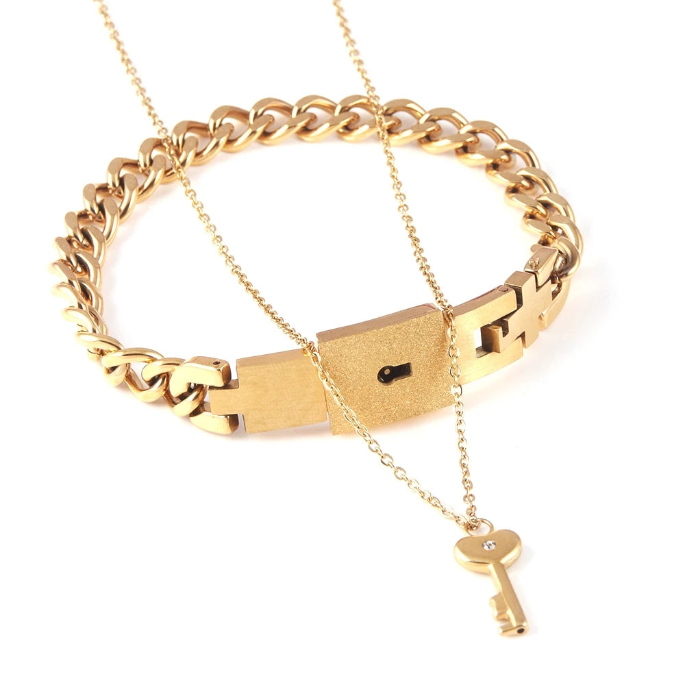 Stainless Steel Couple Bracelet Love Heart Lock Bracelets Bangle Key Pendant Necklace For Women Men Valentine's Day Jewelry Gift