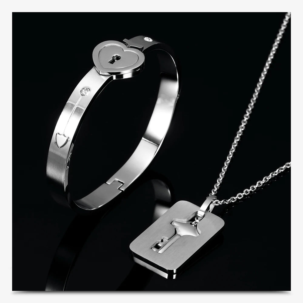 Couple Jewelry Stainless Steel Bracelet Love Heart Lock Bracelets Bangles Key Pendant Necklace for Women Men Lover Jewelry Gift
