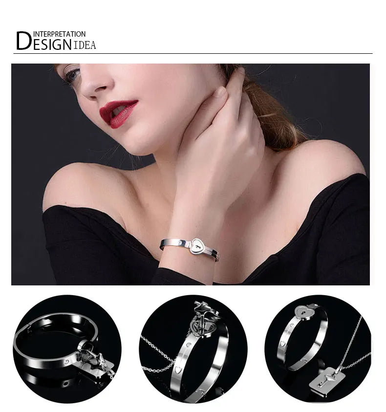 Couple Jewelry Stainless Steel Bracelet Love Heart Lock Bracelets Bangles Key Pendant Necklace for Women Men Lover Jewelry Gift